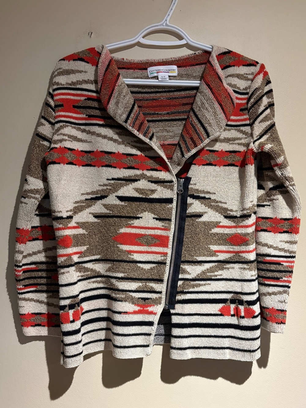 Cotton Country Asymmetrical Zip Sweater  Size Small Geometric Southwestern